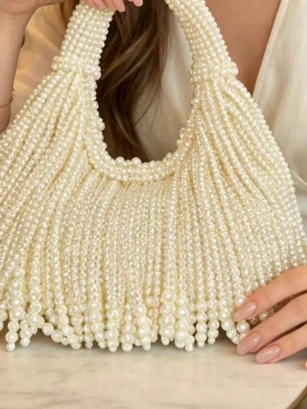 Beige Glamorous Women's Faux Pearl Beads Bag